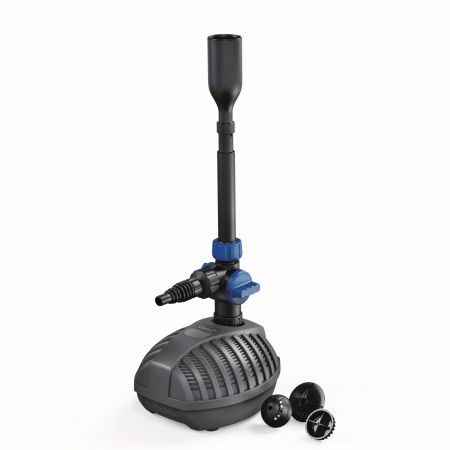„Aquarius Fountain Set Classic 2000 E – schwarzer Tauchpumpen-Brunnen mit höhenverstellbarem Teleskoprohr, austauschbaren Düsenaufsätzen und blauen Verstellteilen, geeignet für Garten- und Teichinstallationen“